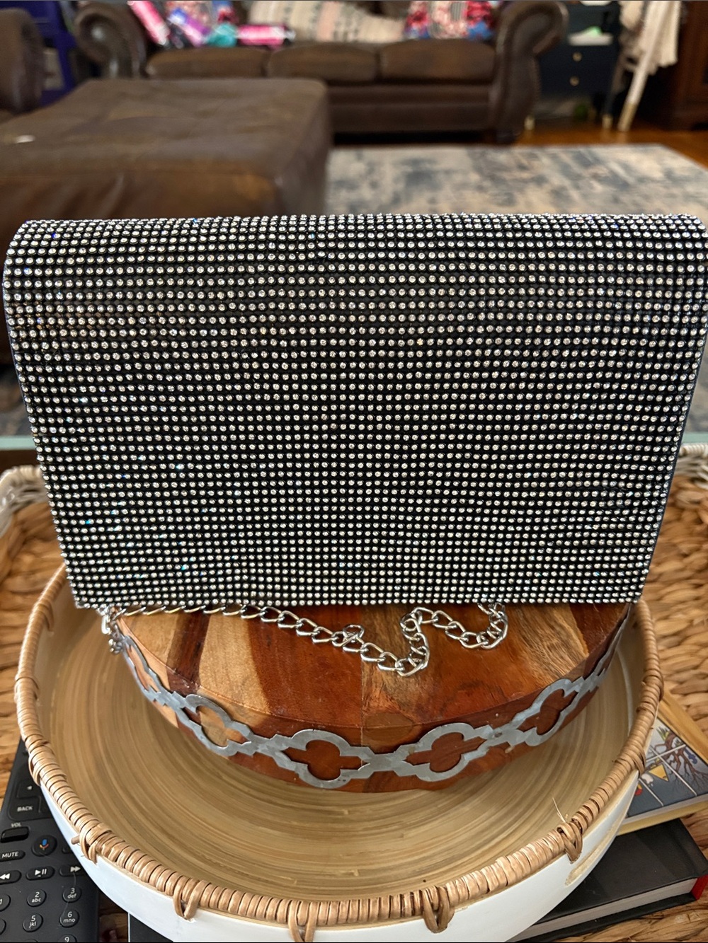Rhinestone Chain-Handle Black Evening Clutch